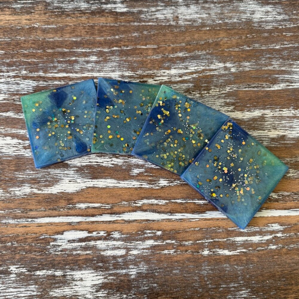 Blue Gold Galaxy Glitter Resin Drink Coasters Set of 4 House Housewarming Gift - Picture 6 of 7
